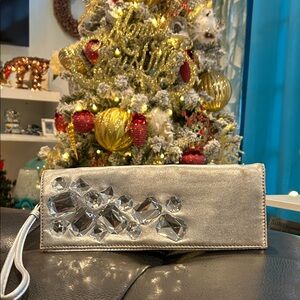 Stuart Weitzman Large Vintage Silver Clutch with silver rhinestone embellishment